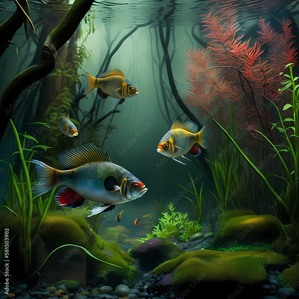 Wall mural Tetra Fish Habitats at Rain Forest River. Generative AI