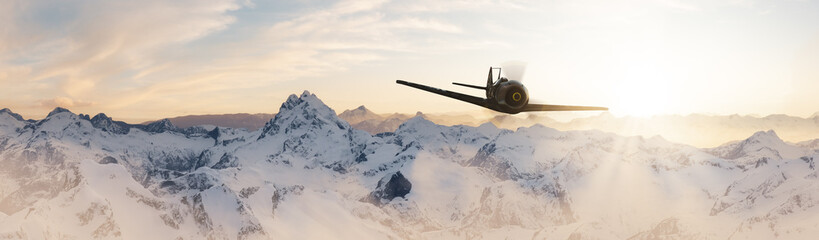 Military old airplane flying over the mountain peaks. 3d Rendering Aircraft. Aerial Landscape from British Columbia, Canada.