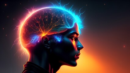 A close-up of a person's head with a glowing brain, generative AI