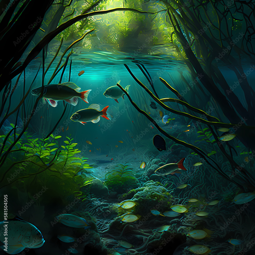 Wall mural Tetra Fish Habitats at Rain Forest River. Generative AI - Wall murals