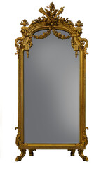 An antique museum mirror in a gilded baroque frame on carved feet, isolated on a transparent background