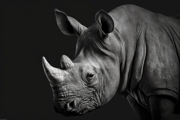 Obraz premium Portrait in black and white of a hypervigilant rhinoceros. Africa's fine arts. Simulated Ceratotherium. Generative AI