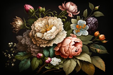 Vintage bouquet of beautiful flowers. Generative AI
