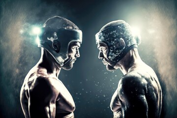 Obraz na płótnie Canvas confrontation between two fighters before fight in boxing ring of mixed martial arts mma competition, created with generative ai