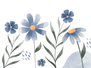 Fondo de flores de color azul con efecto acuarela y hojas decorativas © Girenoca