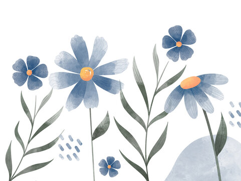 Fondo de flores de color azul con efecto acuarela y hojas decorativas