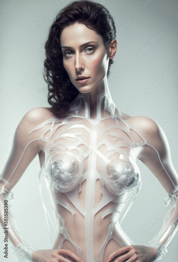 Poster portrait of a futuristic woman in a white plastic outfit, Generative AI