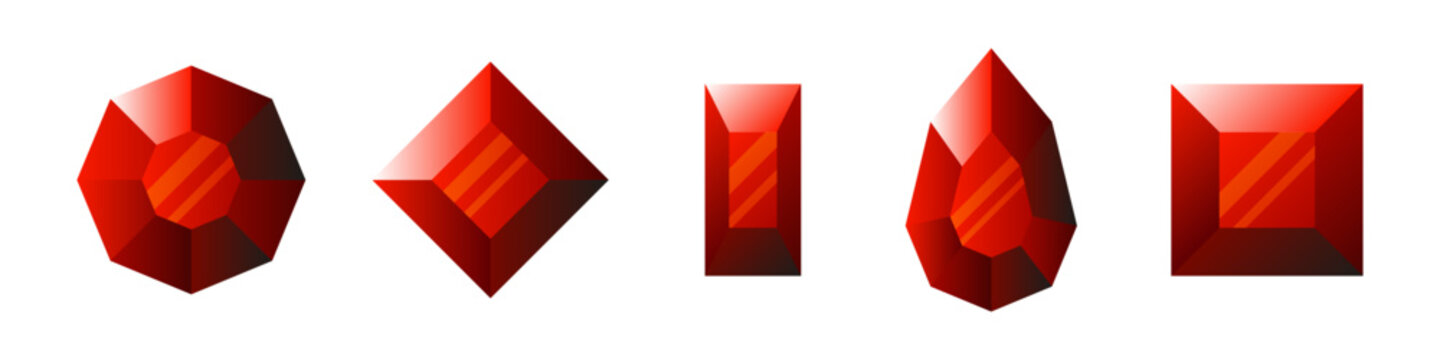 Set of red ruby diamonds. Isolated vector illustration on transparent background