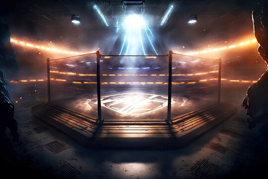 fighting arena with grid and searchlights for battles mixed martial arts mma, created with generative ai