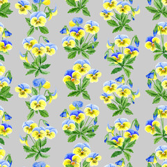 Seamless floral pattern-227, hand drawn, watercolour. Pansies on grey background, watercolour illustration.
