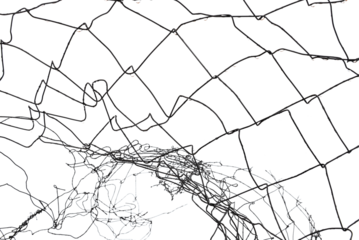 The texture of the metal mesh. Torn, destroyed, broken metal mesh on a white background