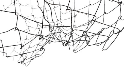 The texture of the metal mesh. Torn, destroyed, broken metal mesh on a white background