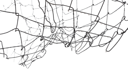 The texture of the metal mesh. Torn, destroyed, broken metal mesh on a white background