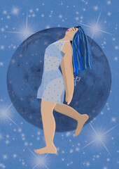 Mujer en la luna azul, mujer azul, mujer con vestido estampado, mujer con vestido trasnparente, mujer amor propio, amor propio, mujer que disfruta, mujer disfrutando, mujer pintada, autocuidado