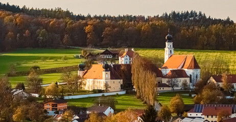 Autumn or indian summmer view with a monastery near St. Salvator, Bad Griesbach, rottal valley,...