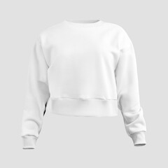 White crop sweatshirt mockup, 3D rendering, women's shirt with cuffs, fashion streetwear for design, brand, advertising, front view.