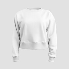 White crop sweatshirt mockup, 3D rendering, women's shirt, casual wear isolated on background, front view.