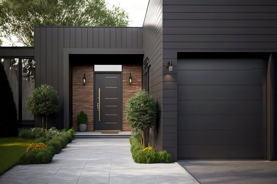 modern house of dark gray panels with half-entrance walkway leading to garage, created with generative ai