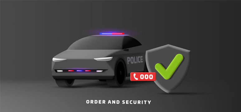 Police car SUV 3d render vector with shield and phone number, security protection banner