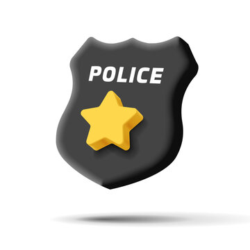 Police badge 3d icon, black shield with golden star, render digital label