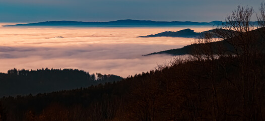 Sunset above the clouds near Kostenz, Bavarian forest, Bavaria, Germany