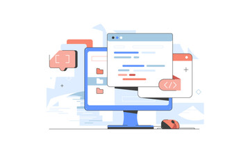 Software Development and Programming. Vector Illustration for Technology, Engineer Coding. Website Computer code with window interface. IT technologies.