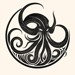 Black and White Cthulhu,Kraken Silhouette Ornament Vector Art for Logo and Icon