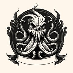Black and White Cthulhu,Kraken Silhouette Ornament Vector Art for Logo and Icon