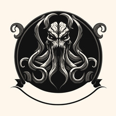 Black and White Cthulhu,Kraken Silhouette Ornament Vector Art for Logo and Icon