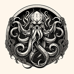 Black and White Cthulhu,Kraken Silhouette Ornament Vector Art for Logo and Icon