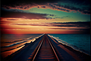 Obraz premium Railroad going far into the sea, abstract illustration.