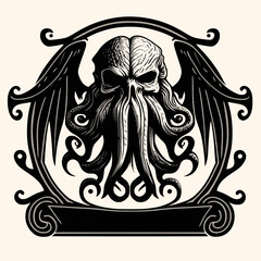 Black and White Cthulhu,Kraken Silhouette Ornament Vector Art for Logo and Icon