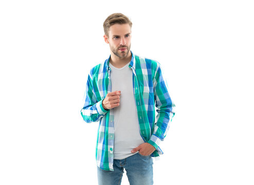 photo of stylish casual guy with stubble. casual guy isolated on white background.