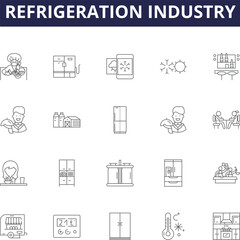 Refrigeration industry line vector icons and signs. industry, cooling, HVAC, compressors, chillers, condensers, thermodynamics, insulation outline vector illustration set