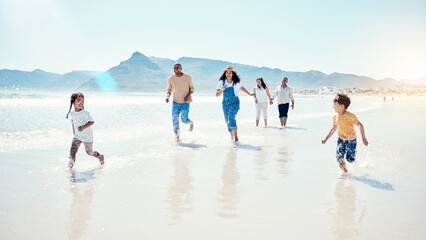 Family, beach and parents play with children for bonding, quality time and adventure by sea....
