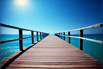 Obraz premium Wooden bridges, footpath or pontoon go far into the sea, abstract illustration.