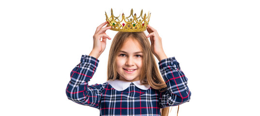 cheerful teen girl in girlish crown isolated on white background. teen girl wear girlish crown