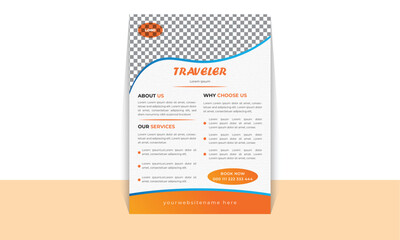 New travel flayer with wonderful colour combination. Professional travel flayer with gradient colour a4 size flayer. vector simple design unique design.  Blue and orange colour combination. New flayer