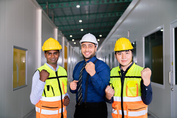 success business manager engineer teamwork celebrate for success job construction work of technology refinery warehouse for storage shipping and solar power energy business in industry area