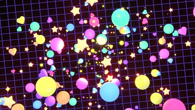 Looped colorful flying stars, hearts, and balls on grid lines background animation.