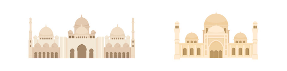 Flat mosque vector set. Muslim building for islamic, ramadan, eid design. Cartoon illustration isolated on white background. Islam mosque in flat style