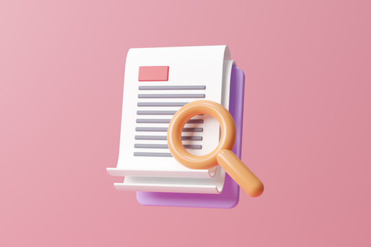 Document management concept. Research document concept. Magnify find media file, 3d Document management soft, document flow, search compound docs. Electronic database of files. 3d render illustration