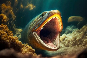 dangerous and predatory moray eel with mouth wide open with sharp teeth, created with generative ai - obrazy, fototapety, plakaty