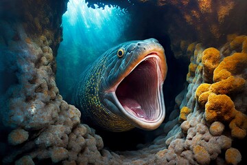 mouth open moray eel floats between rocks and corals, created with generative ai - obrazy, fototapety, plakaty