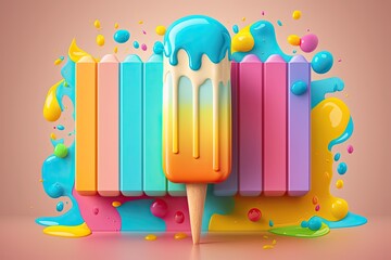 A brightly colored ice cream popsicle against a vibrant background. Generative AI