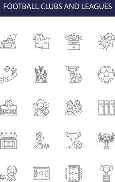 Football clubs and leagues line vector icons and signs. Teams, Leagues, Kits, Players, Coaches, Sponsors, Rivals, Stadia outline vector illustration set