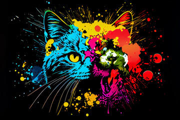 An attacker. An angry cat face. Pop art illustration of a predator, the wild animal in a creative style with an explosion of colours, and black background.