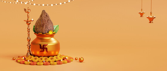 Banner design of akshaya tritiya festival template with, Pot and Gold Coins for Dhanteras Celebration in Decorated Background 3d render