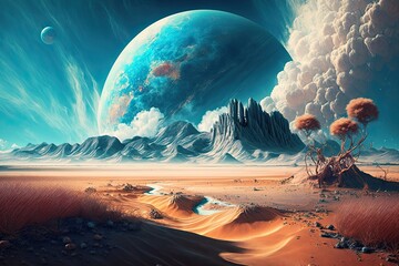 Space Art An imaginary landscape with blue skies and clouds on an alien planet. Generative AI