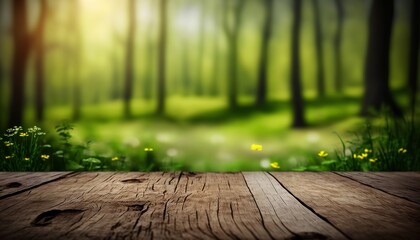 Plakat Wooden table and spring forest background, generative ai